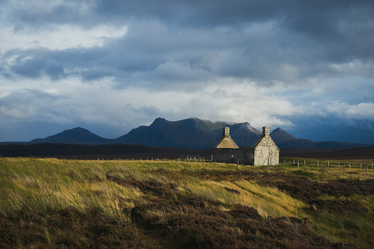 Abandoned stone ruin in the remote Scottish Highlands landscape