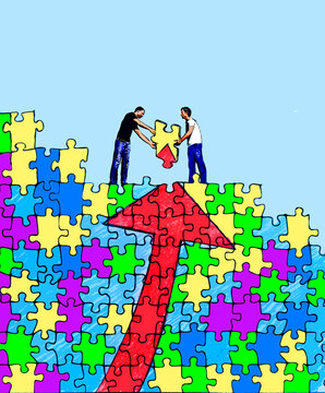 Creative teamwork concept solving a colorful puzzle with an arrow