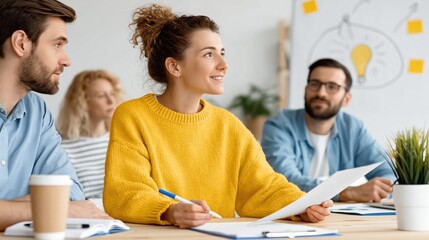 Fototapeta premium A focused young woman in a mustard sweater participates in an engaging meeting, representing teamwork, creativity, and collaboration in a professional yet relaxed environment.