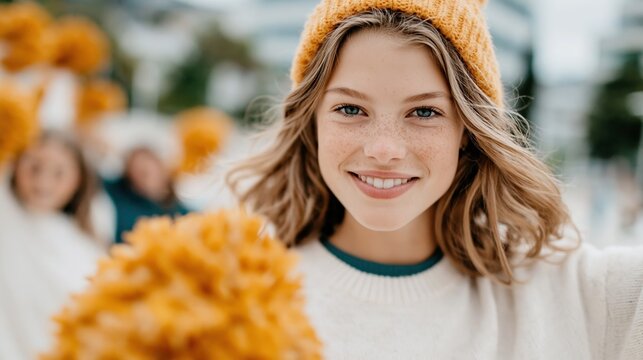 A cheerful girl with freckles wearing a cozy sweater and pom-poms enjoys a lively atmosphere, showcasing joy and enthusiasm in a colorful outdoor setting with friends.