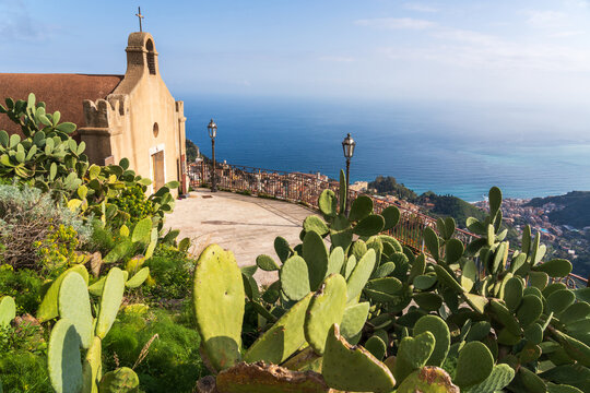 Chiesa di San Biagio overlooking the sea in Castelmola Sicily