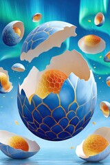 Naklejka premium Blue dragon egg with golden scales cracking open beneath aurora sky in a surreal fantasy hatching scene