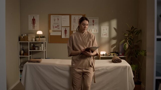 Dolly in medium portrait of professional female massage therapist holding clipboard and smiling at camera while standing beside massage table in cozy wellness treatment room with anatomical charts