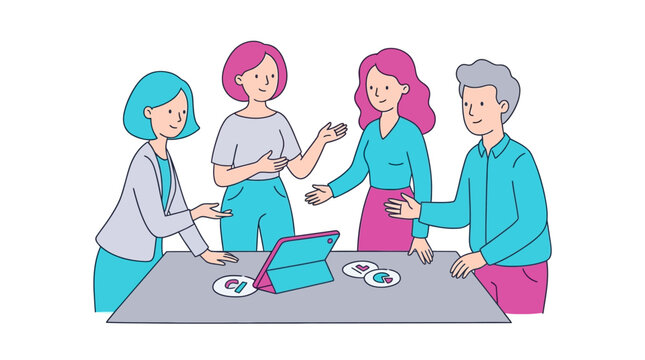 Group of colleagues discussing a project around a tablet on a table top