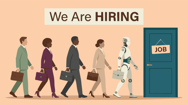 We Are Hiring: Diverse Business People and Robot Seeking Job Opportunity