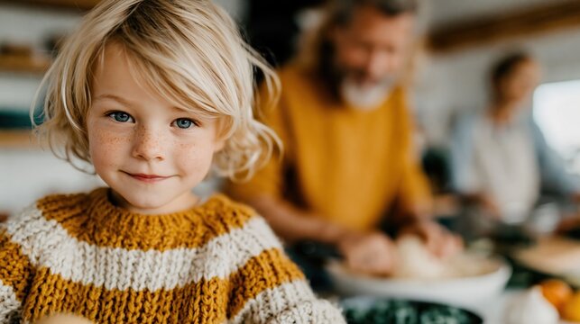 A happy child with blonde hair and freckles smiles at the camera while a warm family atmosphere in a kitchen adds life to the moment, showcasing love and connection.