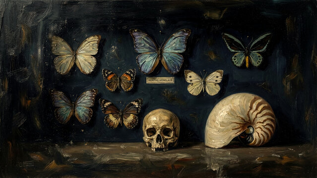 Victorian Butterfly and Beetle Specimen Cabinet - Naturalist's Collection Materic Oil Painting