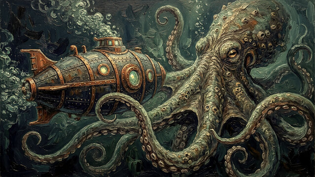 Victorian Submarine and Giant Octopus - The Nautilus Encounter Materic Oil Painting