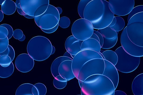 Abstract 3d rendering of floating blue glass circles with neon light