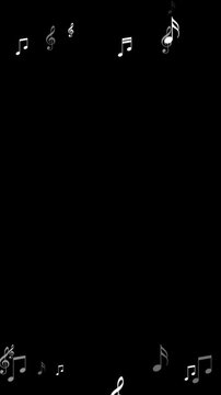 musical notes border frame flying isolated alpha channel animation, white notas flicker music and song overlay vertical social media motion design element