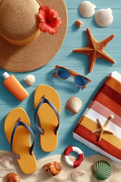 Bright overhead shot of beach essentials with flip-flops, straw hat, towel, shells and sunglasses