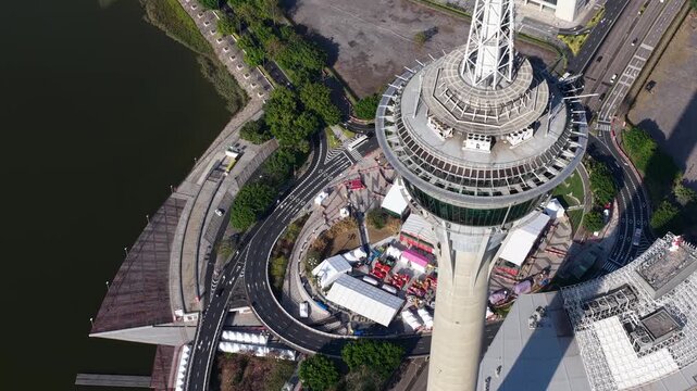 Aerial top down view of macau tower convention and entertainment centre