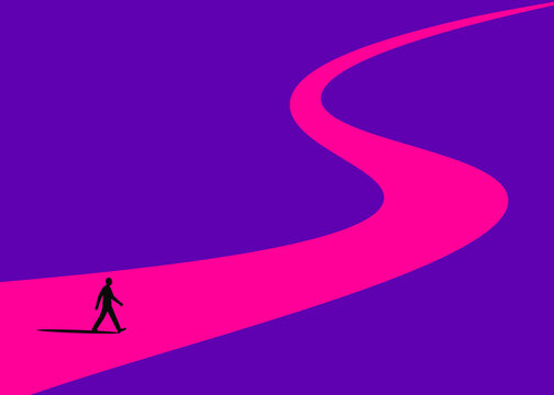 Silhouette walking on a pink winding road towards the future