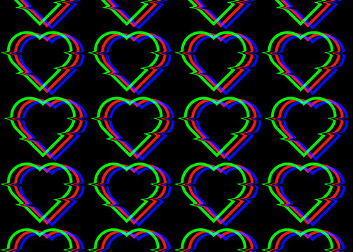 Neon glitch heart pattern on black background