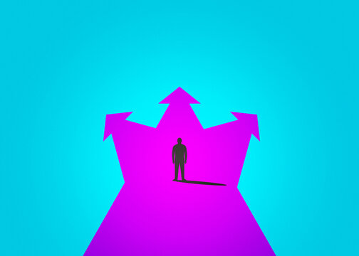 Silhouette standing on a magenta arrow splitting into three
