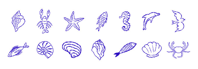 Obraz premium Vector hand drawn sketch doodle illustrations in naive art style, summer sea and beach vacation theme, stickers and drawing for tropical coastal prints, posters and banners