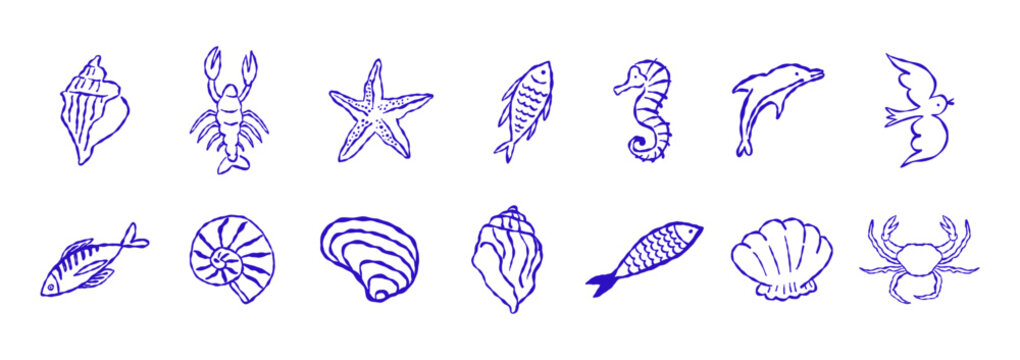 Vector hand drawn sketch doodle illustrations in naive art style, summer sea and beach vacation theme, stickers and drawing for  tropical coastal prints, posters and banners