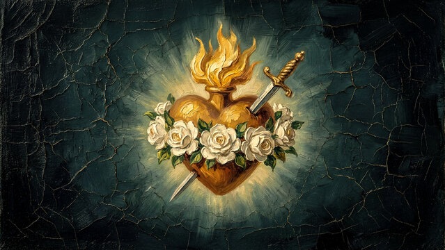 Immaculate Heart of Mary Sacred Heart Celestial Radiance - Materic Oil Painting with Gold Impasto