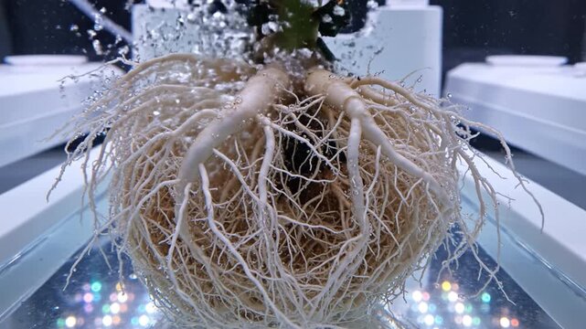 Hydroponics plant root system with fine root hairs submerged in water showing detailed biology growth and oxygen bubbles in laboratory setup with LED lights for science research