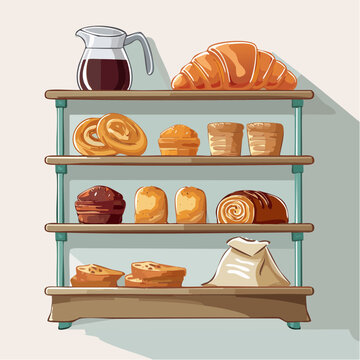 Bakery Display Shelf with Assorted Pastries and Bread