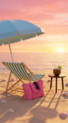 Obraz premium Beach scene with a deck chair, umbrella, and coconut drink at sunset, symbolizing relaxation, vacation, and tropical escape