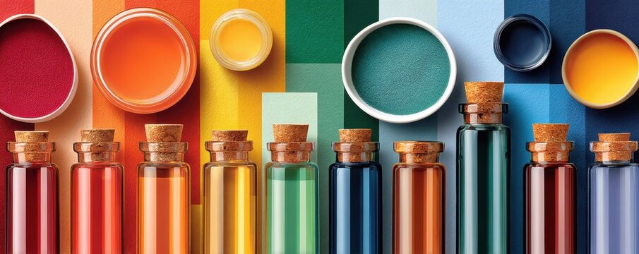 Vibrant row of colorful pigment bottles and paint samples arranged as a rainbow background