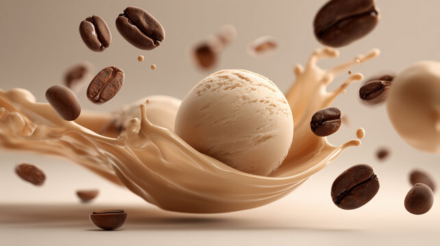 minimal composition, few elements, high negative space, cofee beans and cocoa beans floating in mid-air with elegant spacing