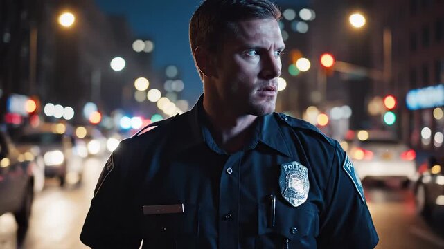Police officer standing on city street at night perfect for UI/UX design and motion graphics