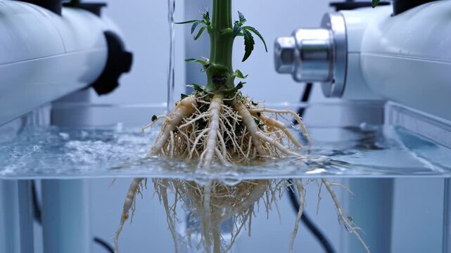 Hydroponic plant root system submerged in water with clear tubing and equipment showing healthy growth green stem and water circulation in controlled environment for soil free cultivation