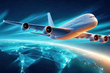 Fototapeta premium Passenger airplane flying over a connected digital globe representing global travel and aviation network