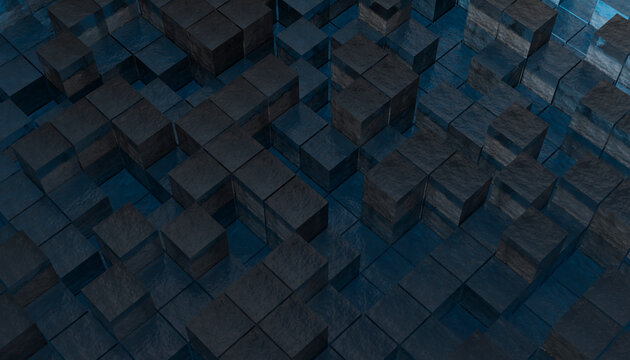 Abstract dark 3D geometric cube pattern with depth and reflection