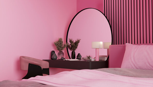 Modern minimalistic pink bedroom interior with bed and round mirror