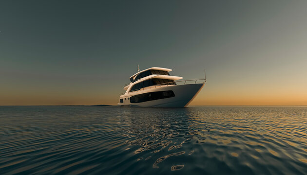 Modern luxury yacht sailing on open ocean water at sunset