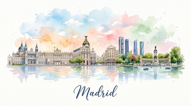 Watercolor Illustration of Madrid City Skyline Featuring Historical and Modern Landmarks with Soft Pastel Sky