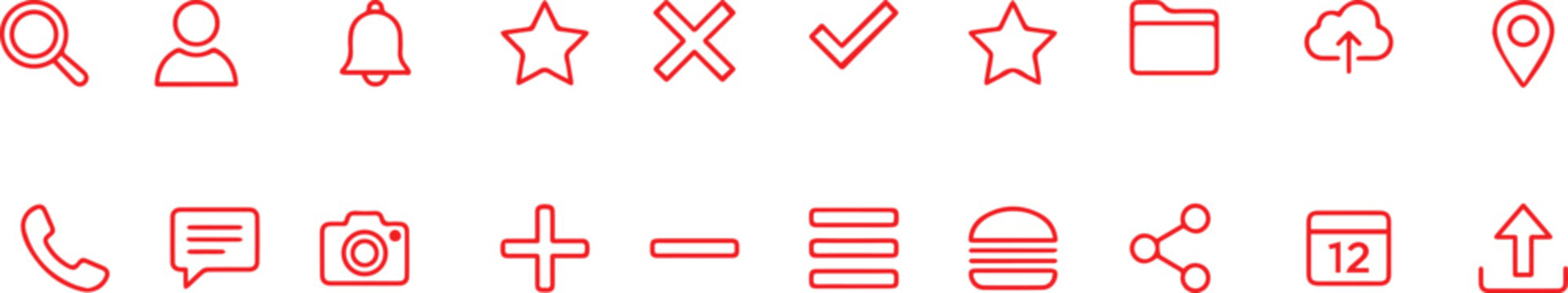 Modern user interface line icons set.UI/UX for web app search, home, settings, user profile, notifications, messaging, navigation, media vector illustration.symbol .