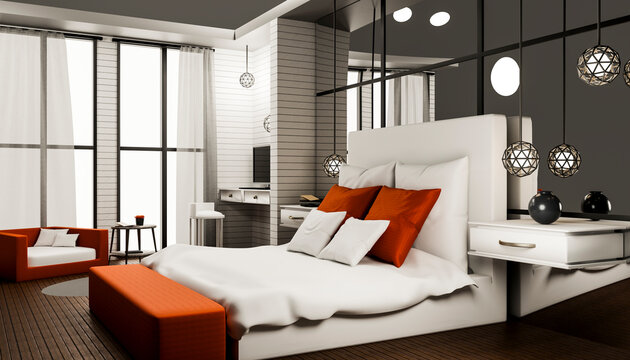 Modern minimalistic 3D render bedroom with orange decor