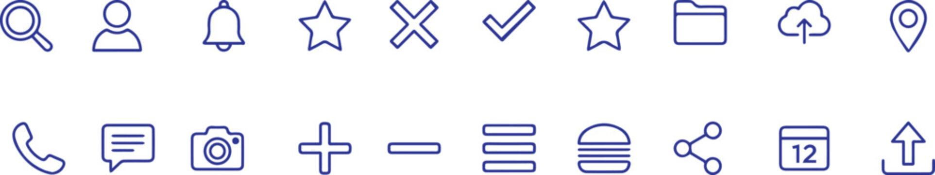 Modern user interface line icons set.UI/UX for web app search, home, settings, user profile, notifications, messaging, navigation, media vector illustration.symbol .