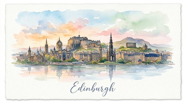 Scenic watercolor depiction of Edinburgh cityscape with historic architecture and iconic landmarks embodying Scottish heritage