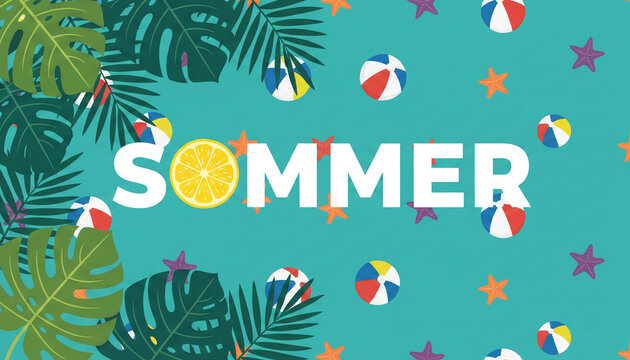 Colorful illustration with large green leaves, beach balls, starfishes, and a slice of lemon, depicting the concept of summer fun and vacation