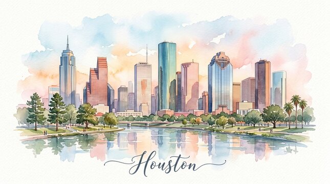 Vibrant watercolor painting of Houston's skyline showcasing iconic skyscrapers and lush green parks along a reflective water
