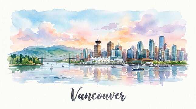 Watercolor Illustration of Vancouver's Skyline with Mountain and Water Reflections