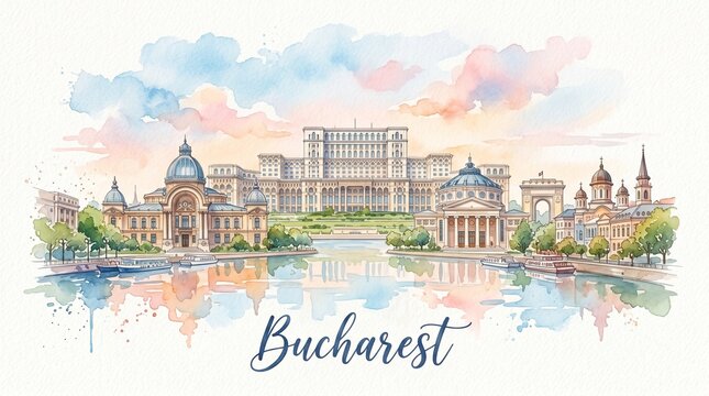 Elegant watercolor illustration of Bucharest skyline featuring historical and modern architecture with pastel sky backdrop and