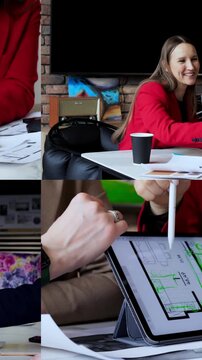White woman leading design meeting, team sketching floorplans and taking notes, laptop showing mood samples, tablet displaying digital blueprint, pencil annotations and gesture pointing, handshake