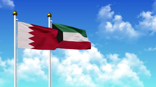 Waving flags of BAHRAIN and KUWAIT on pole included with alpha