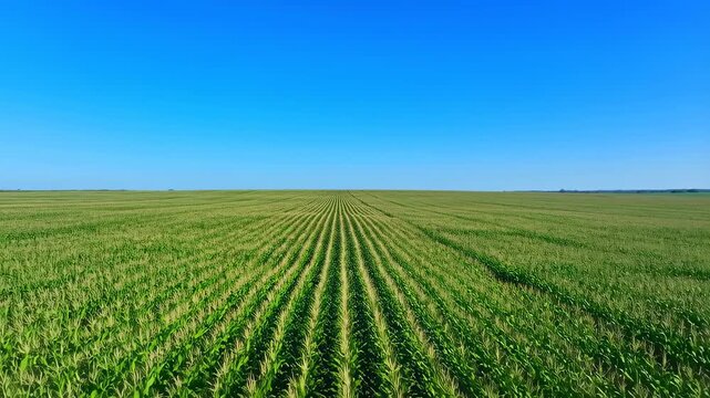 Lush green cornfield under a clear blue sky. Represents agricultural abundance and sustainable farming practices
