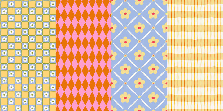 Vector set of hand drawn seamless pattern in simple doodle sketchy floral wavy and groovy naive style, dopamine and cottage core aesthetic, delicate gentle girlie backgrounds