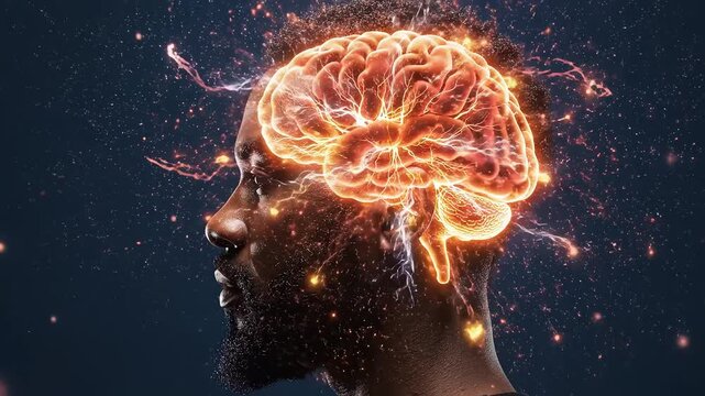 Man with glowing brain illustration highlighting geometric patterns and contemporary art