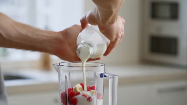 Strong male hands pouring fresh milk into blender with berries and banana, healthy smoothie preparation, morning fitness routine. Concept for clean eating