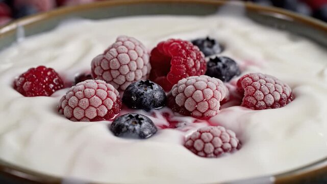 Frozen raspberry and blueberry splash into creamy yogurt bowl creating fresh healthy breakfast snack with smooth texture vibrant colors and appetizing dairy fruit combination