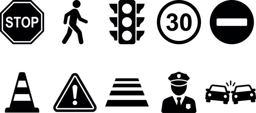 Collection of black and white road signs and traffic symbols